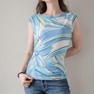 New York & company Women's Blue White Y2K 70s Inspired Floral Funky Shirt